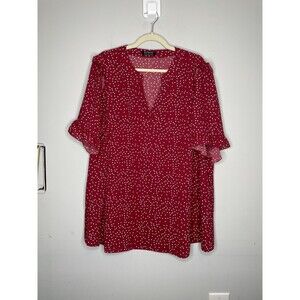 Bloomchic Shirt Womens Plus 22 Red White Polka Dot V Neck Ruffle Sleeve Chiffon